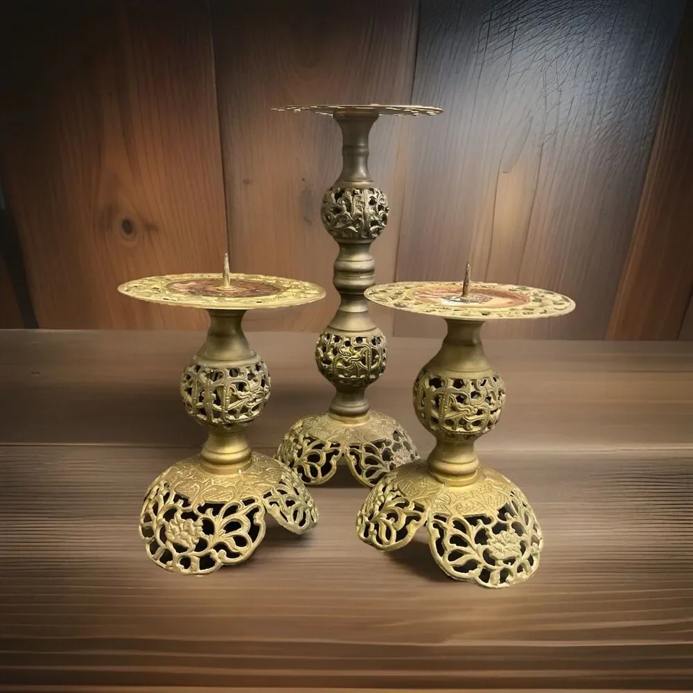 Vintage MCM Brass Filigree Set Of Candle Holders Pedestal